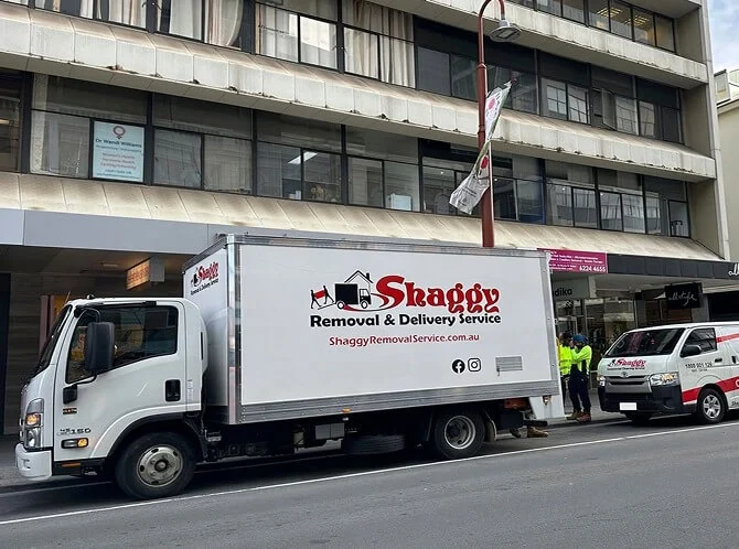 Shaggy Removals truck parked outside a Hobart building