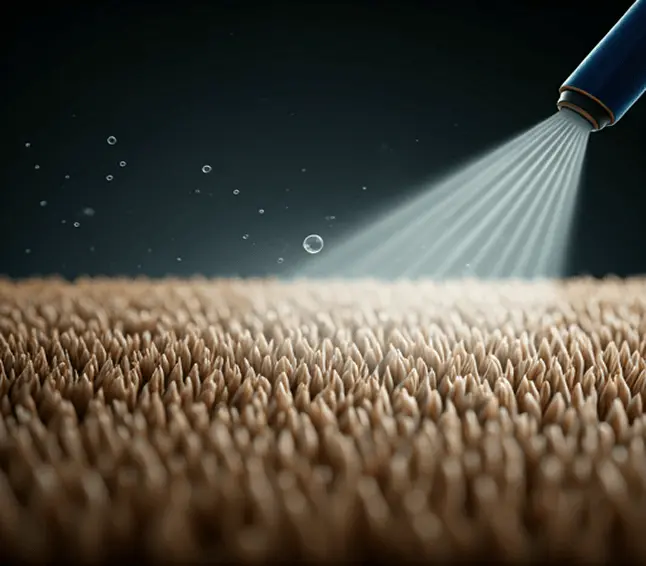 Steam cleaning nozzle spraying carpet fibers