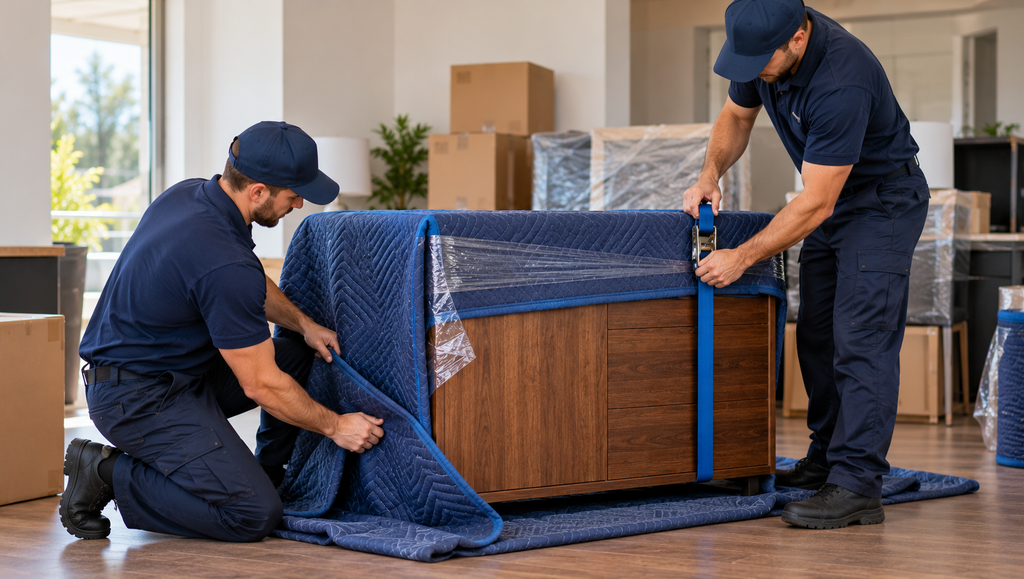 Removalists protecting furniture with moving blankets and straps